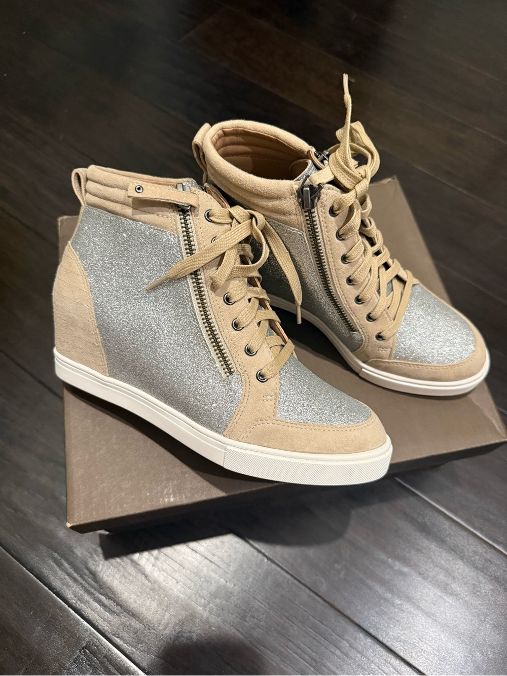 Línea Paolo Tan Suede Wedge Sneakers with Silver Glitter Panels